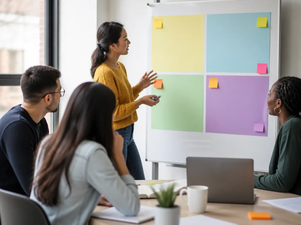 Marknadsteam i strategimöte framför en whiteboard med fyra färgade fält och post-it-lappar