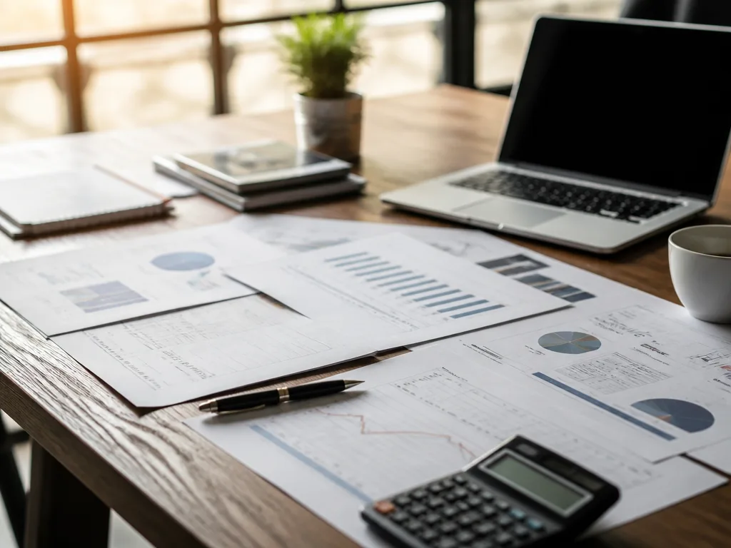 Affärsplan dokument och finansiella diagram på ett skrivbord med laptop i professionellt kontorsmiljö