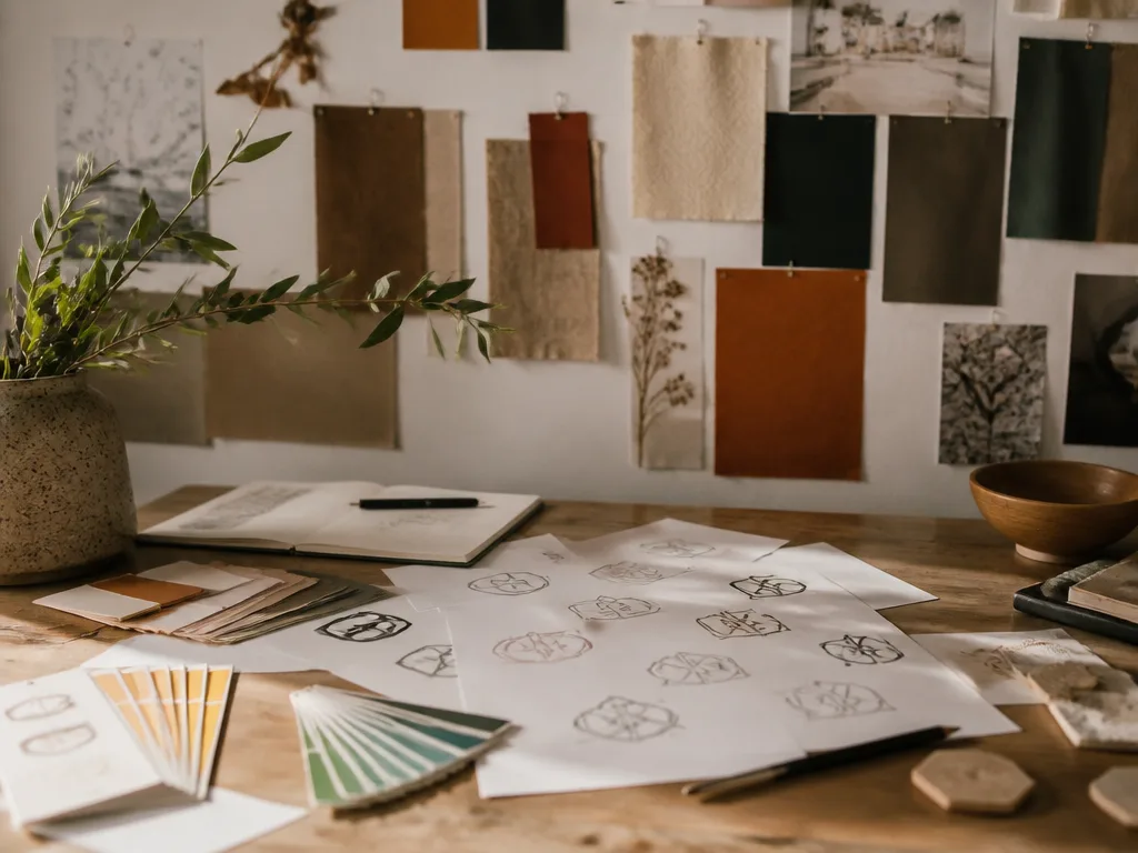 Designstudio med färgprover, logotypskisser och en mood board med tygprover på väggen