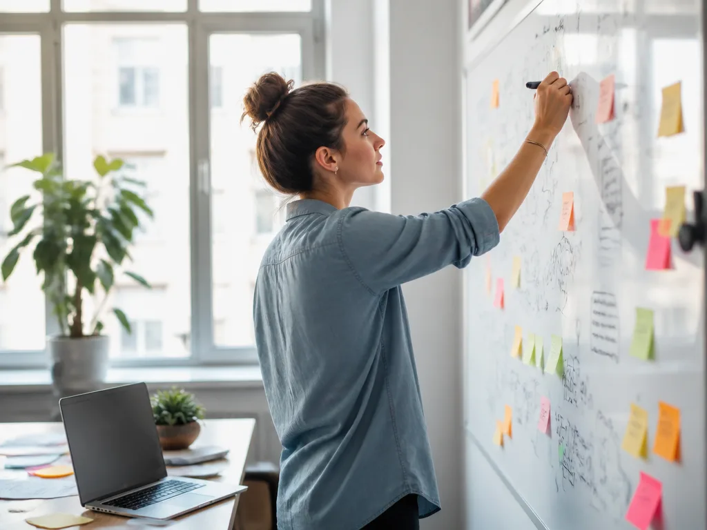 Kommunikatör skriver content-strategi på whiteboard i modernt kontor med laptop och anteckningar
