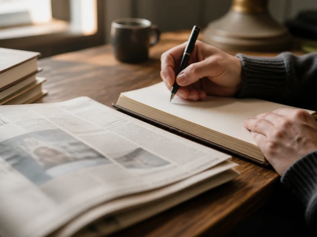 En hand skriver på ett anteckningsblock bredvid en tidning, med en debattartikel som håller på att formuleras