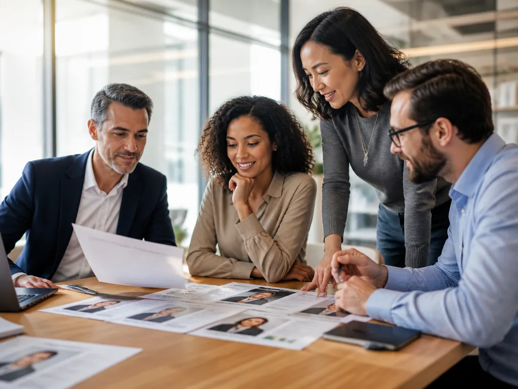 Professionella medarbetare i modernt kontor diskuterar employer branding-strategi och rekryteringsmaterial