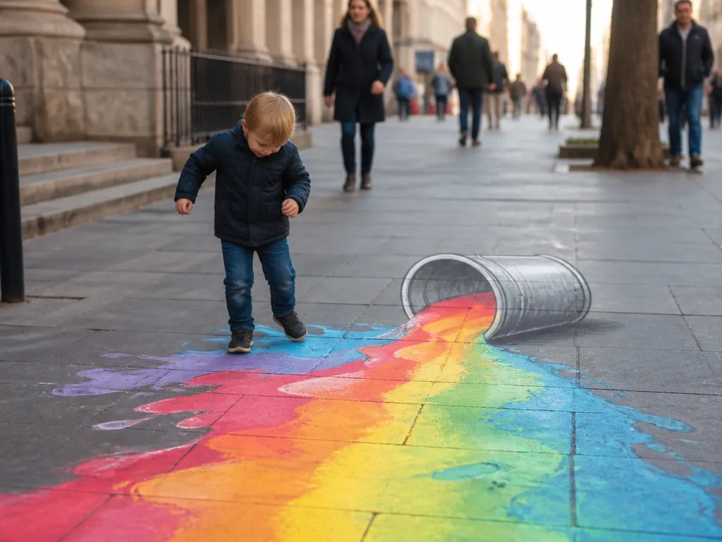 Kritteckningar och färgglad street art på en trottoar mitt i staden, ett exempel på gerillamarknadsföring
