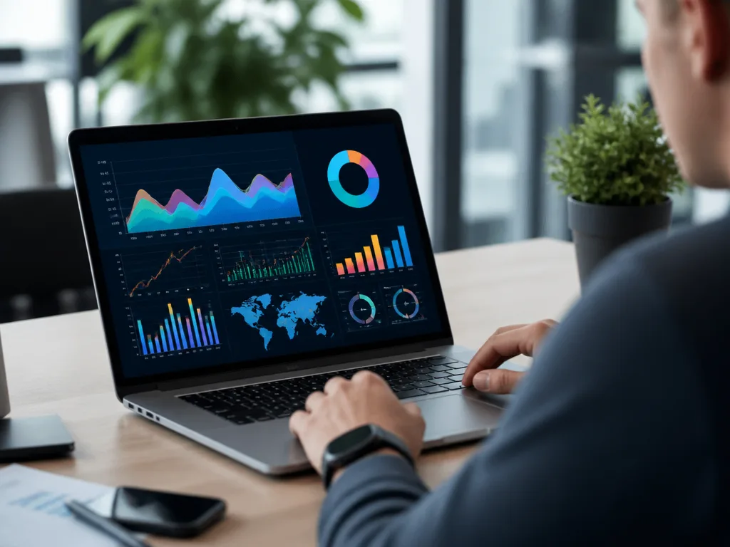 Person analyserar webbtrafik och analysdiagram på en bärbar dator på ett skrivbord