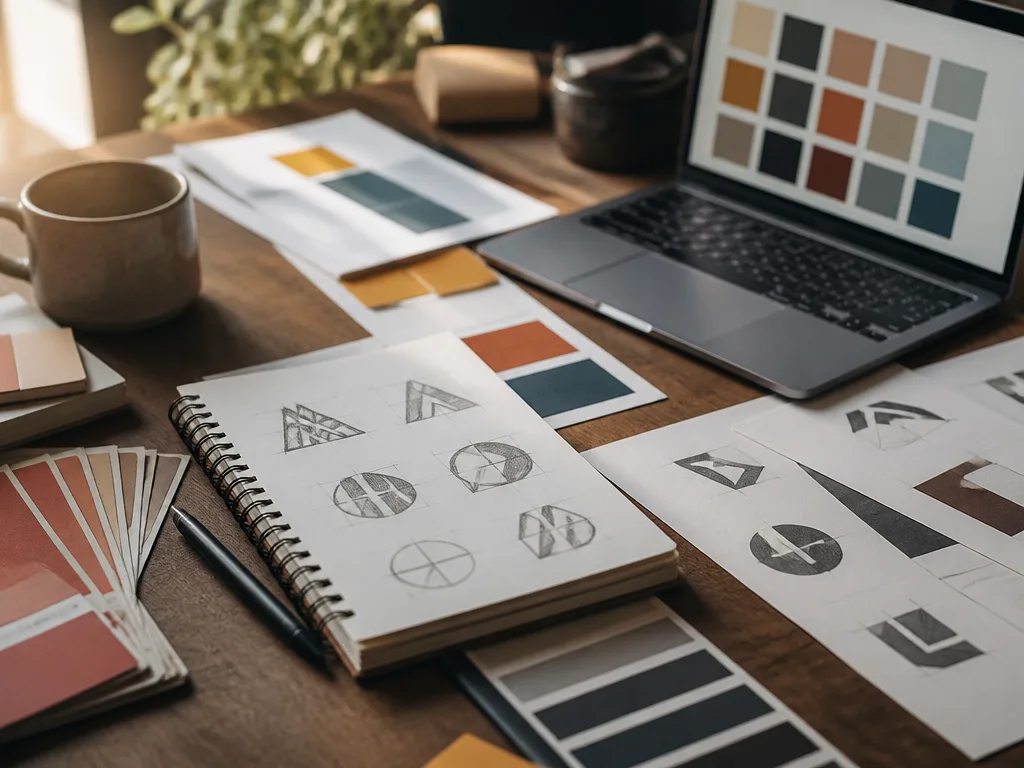 Designers skrivbord med färgprover, en logotypskiss, typografiblad och en bärbar dator som visar en färgpalett