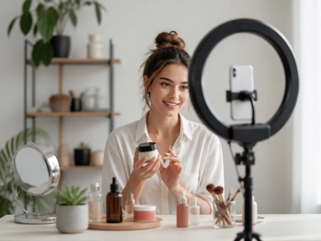 Innehållsskapare filmar en kort video med ringljus och mobilkamera i en ljus hemmastudio