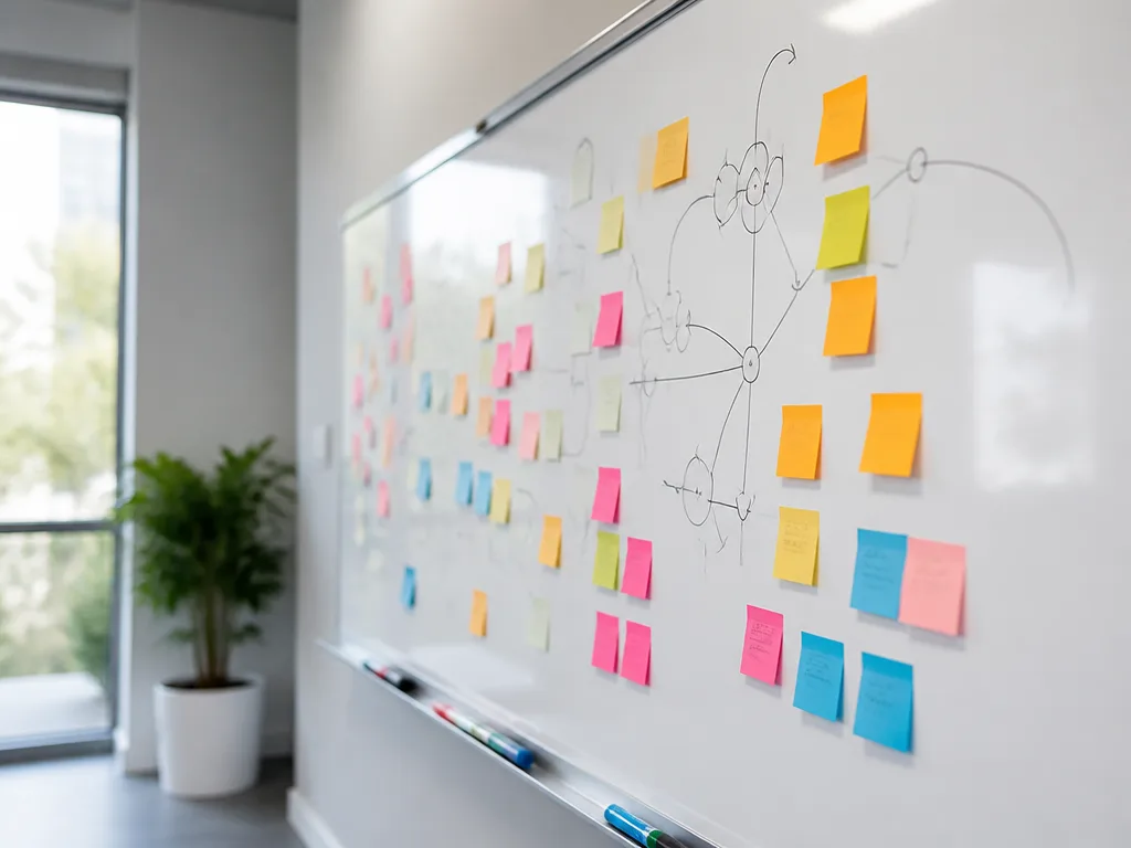 Kontorsrum med whiteboard täckt av post-it-lappar och strategidiagram i ett modernt mötesrum