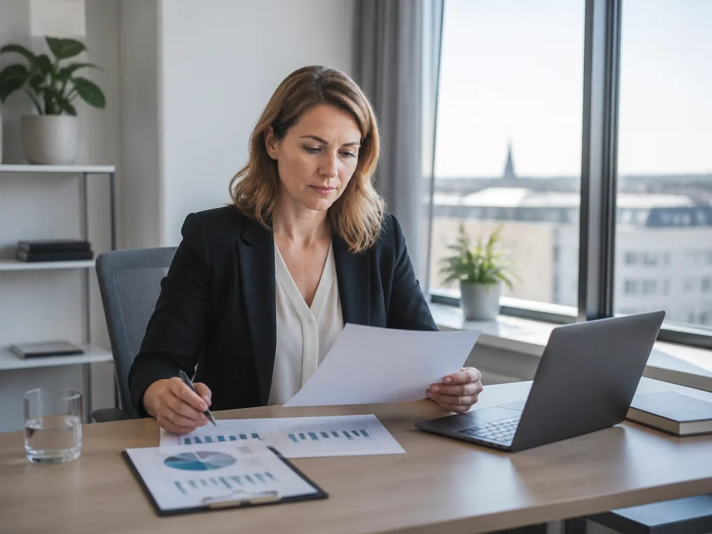 Professionell kvinna på modernt kontor granskar lönestatistik och dokument vid sitt skrivbord