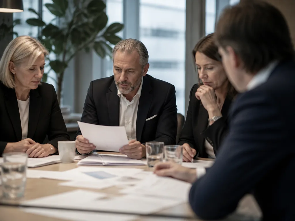 Krisgrupp samlas runt ett bord med dokument för att arbeta igenom en kriskommunikationsplan