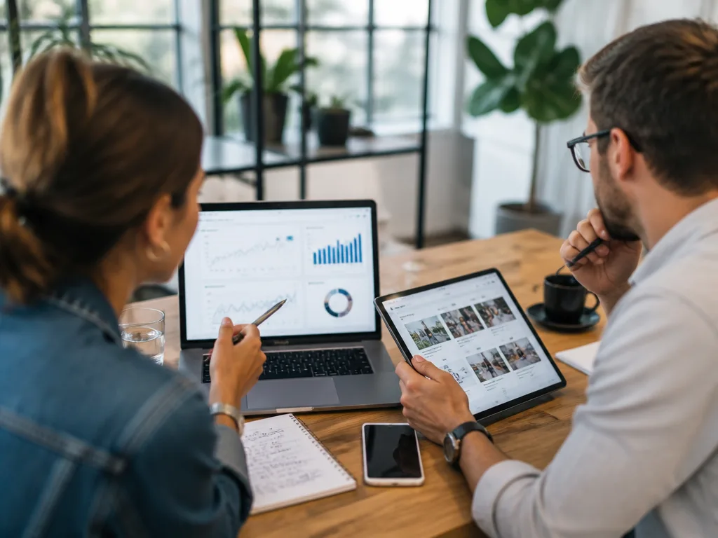 Marknadsteam analyserar engagemang och innehållskalender för sociala medier på laptop och surfplatta i ett ljust kontor