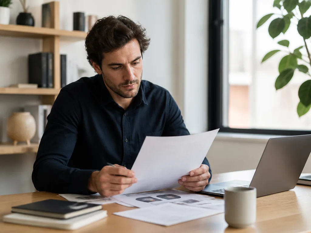 Affärsprofessionell granskar en mediestrategi på ett modernt kontor med laptop och anteckningar