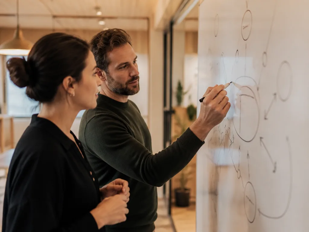 Kommunikatörer samarbetar vid whiteboard med kommunikationsramverk och pildiagram i modernt kontor