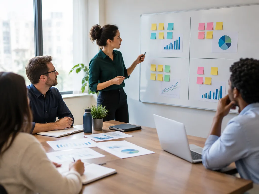 Ledningsgrupp vid ett mötesbord som går igenom en whiteboard indelad i fyra fält med lappar och diagram under en nulägesanalys