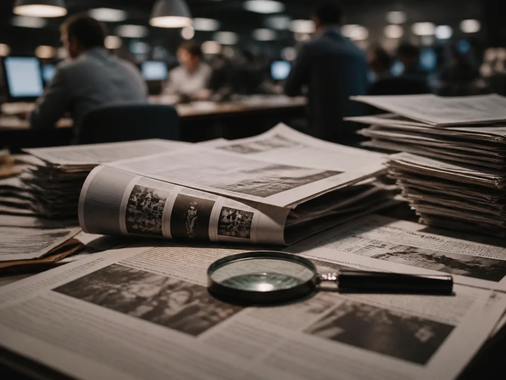 Skrivbord på en nyhetsredaktion med utskrivna tidningar och ett förstoringsglas över rubrikerna