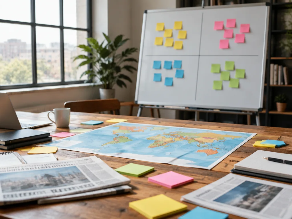 Workshopbord med världskarta, tidningar och en whiteboard indelad i fyra fält med färgade lappar