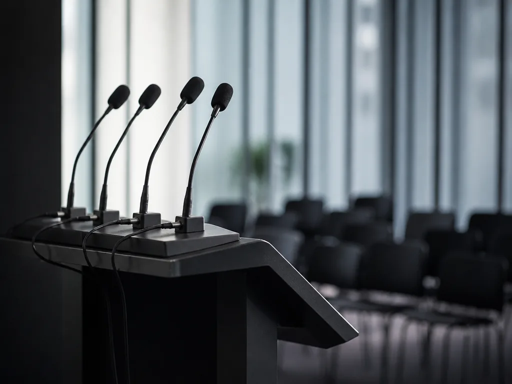 Professionell presskonferensuppställning med podium och mikrofoner i modernt konferensrum
