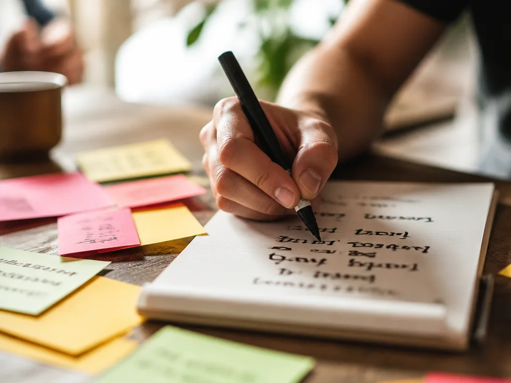 En hand skriver korta ord med en tusch på ett anteckningsblock under en kreativ brainstorming, omgiven av färgglada post-it-lappar