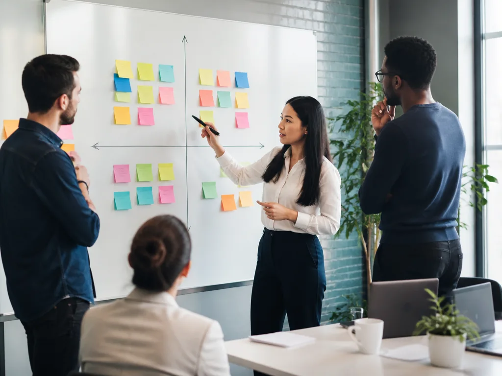 Affärsteam genomför SWOT-analys i modernt kontor med post-it-lappar och fyrkvantsmatris på whiteboard