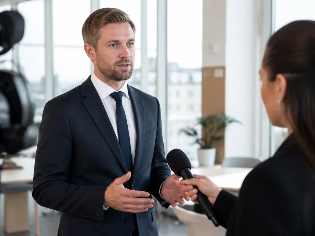 Professionell talesperson intervjuas av journalist i modernt kontor med naturligt ljus