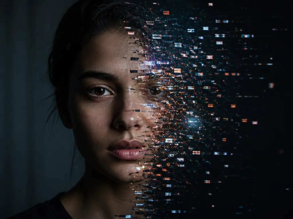 Ett ansikte som glider isär i pixlar och digitalt brus, symbol för AI-manipulerade bilder och deepfake-teknik