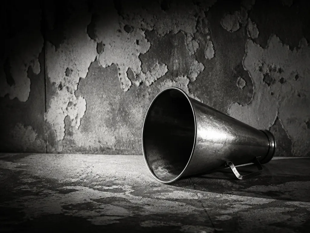 Vintage megafon på vittrad betongyta med dramatisk sidelysning i svartvitt