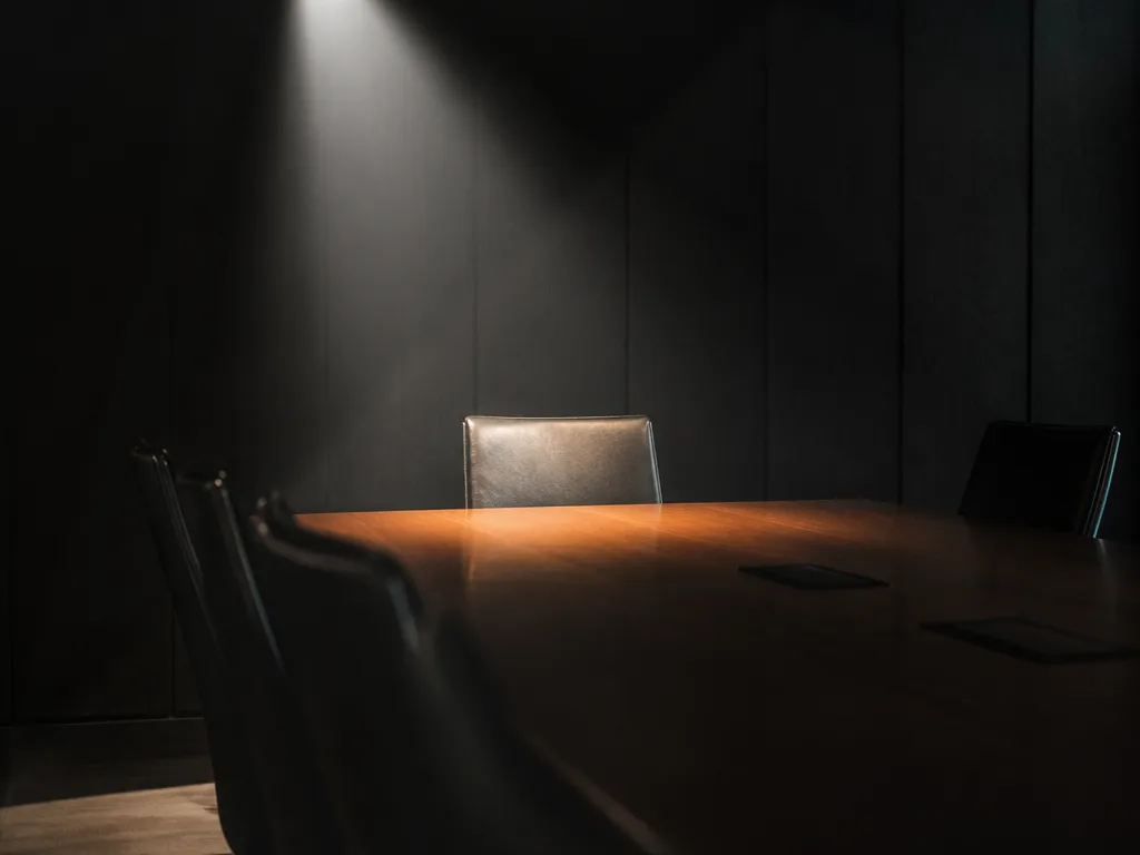 En ensam belyst stol vid ett mörklagt konferensbord, symbol för någon som är på väg att slå larm